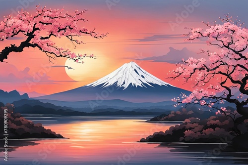 Mount Fuji at sunset, capturing majestic silhouette of mountain against vibrant, colorful sky as sun dips below horizon, creating tranquil scene. For art, creative projects, fashion, style, magazines.