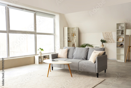 Interior of light living room with grey sofa and laptop on table © Pixel-Shot