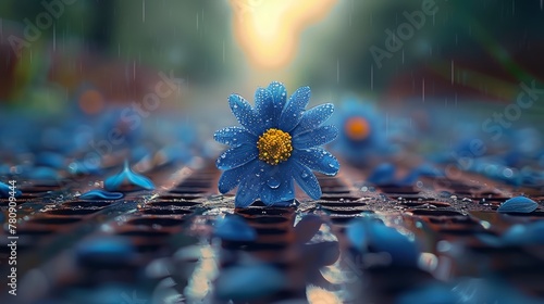  A blue flower sits atop a wet table, surrounded by water droplets Nearby, a yellow-blue umbrella stands