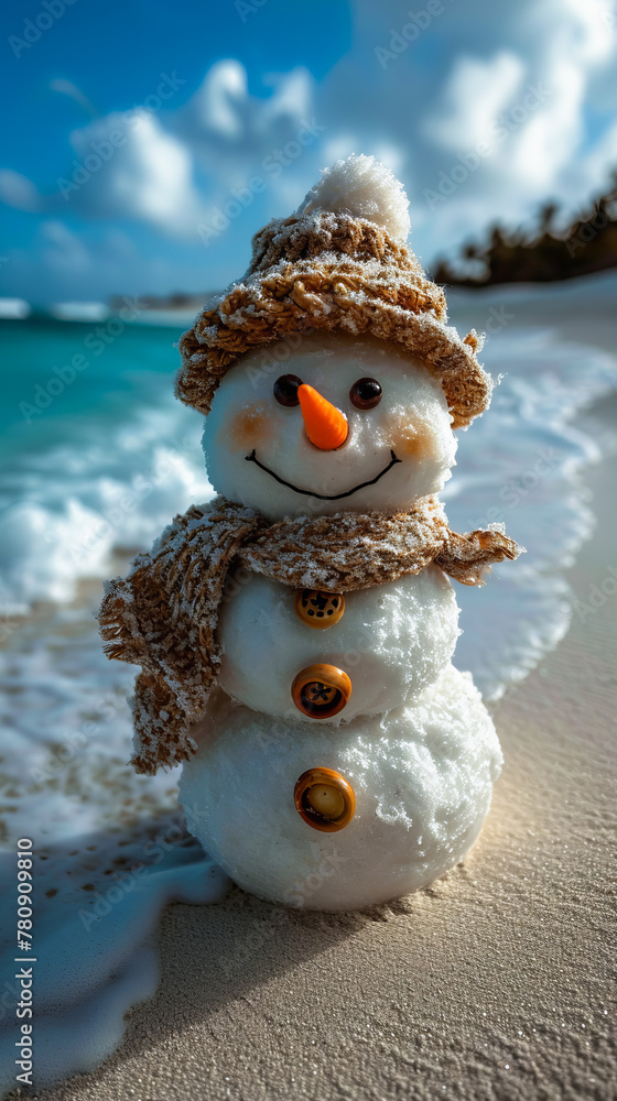 Obraz premium Snowman on a Beach. Sunny Illusion. Frosty Friend on the Shore