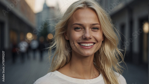 Closeup photo portrait of a beautiful young swedish nordic caucasian european white model woman smiling with white teeth 