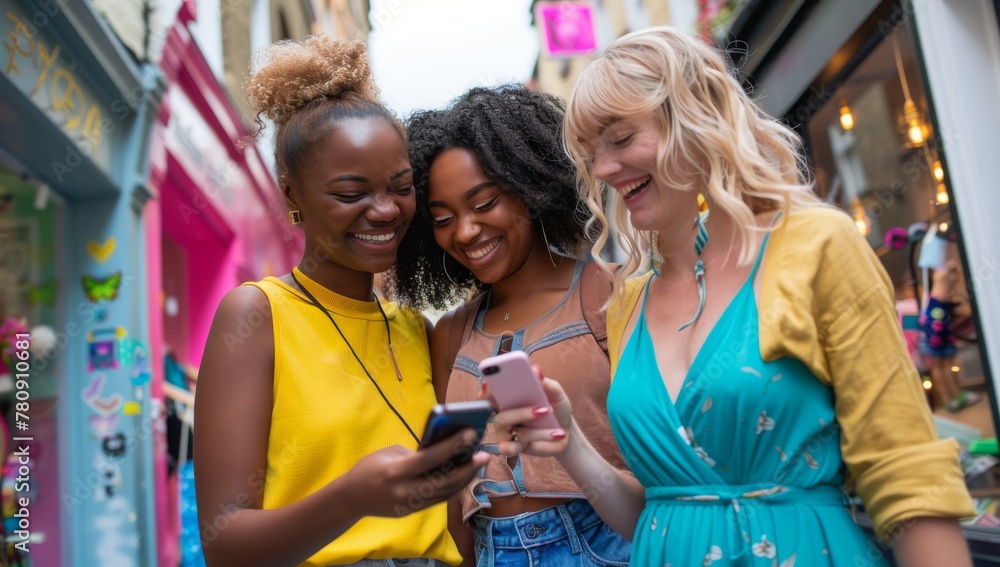 Fototapeta premium Three happy young friends watching a smart phone mobile outdoors - Millennials women using cellphone on city street - Technology, social, friendship and youth concept. looking at their phone