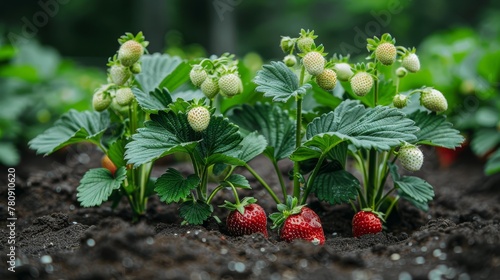  green leaves underpoint strawberry crops from the ground