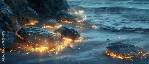 Glowing rocks on a glass beach, illuminated by the passage of time and the natural elements