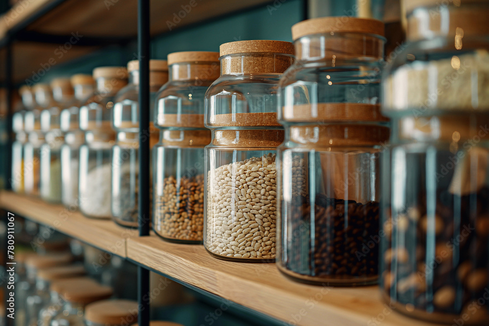 Photo of a shelf with cereals arranged in glass jars with natural wood lids. Photo of a shelf with cereals arranged in glass jars with natural wood lids.