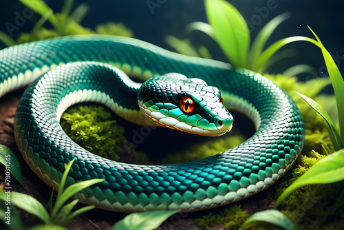 close up green snake python on natural background