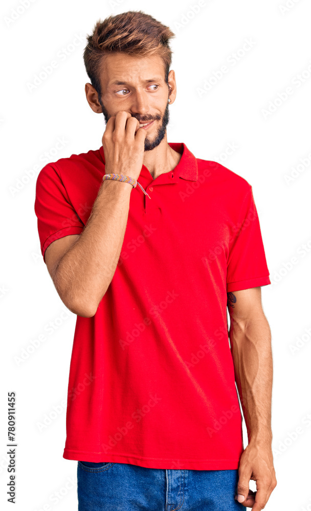 Handsome blond man with beard wearing casual clothes looking stressed and nervous with hands on mouth biting nails. anxiety problem. Handsome blond man with beard wearing casual clothes looking stressed and nervous with hands on mouth biting nails. anxiety problem.