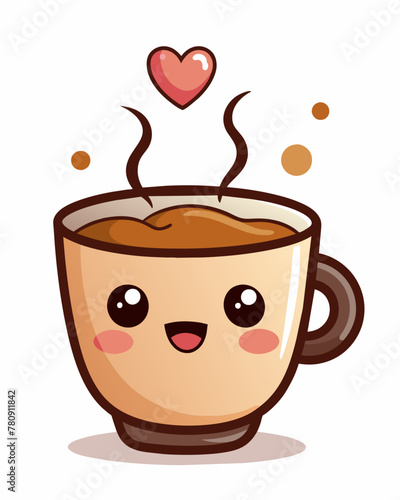 A smiling kawaii  cup of coffee with a cute face emits steam that twists into heart shapes  suggesting warmth and love