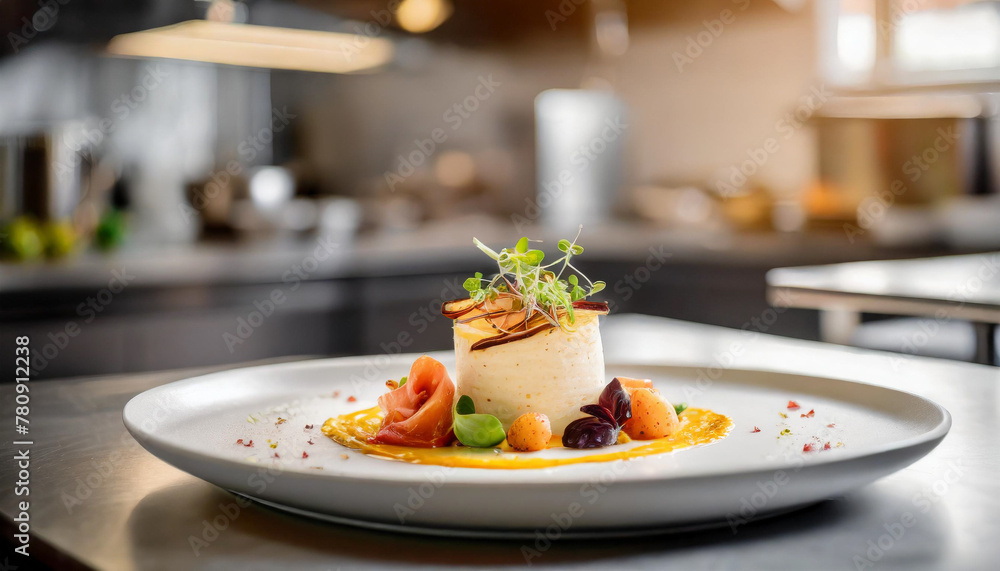 Gourmet dish in high-end restaurant kitchen, blurred modern background Gourmet dish in high-end restaurant kitchen, blurred modern background
