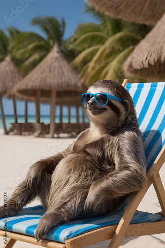 sloth in sunglasses resting in a sun lounger on the beach
