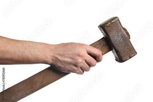 Man with sledgehammer on white background, closeup