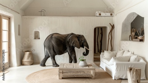 A large elephant is standing in a living room with white furniture. Generative AI. © Natalia