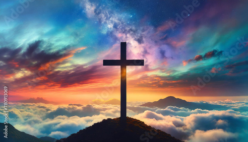 Jesus cross symbol on vibrant clouds backdrop, symbolizing hope, salvation, and divine presence. Ideal for religious concepts © Your Hand Please