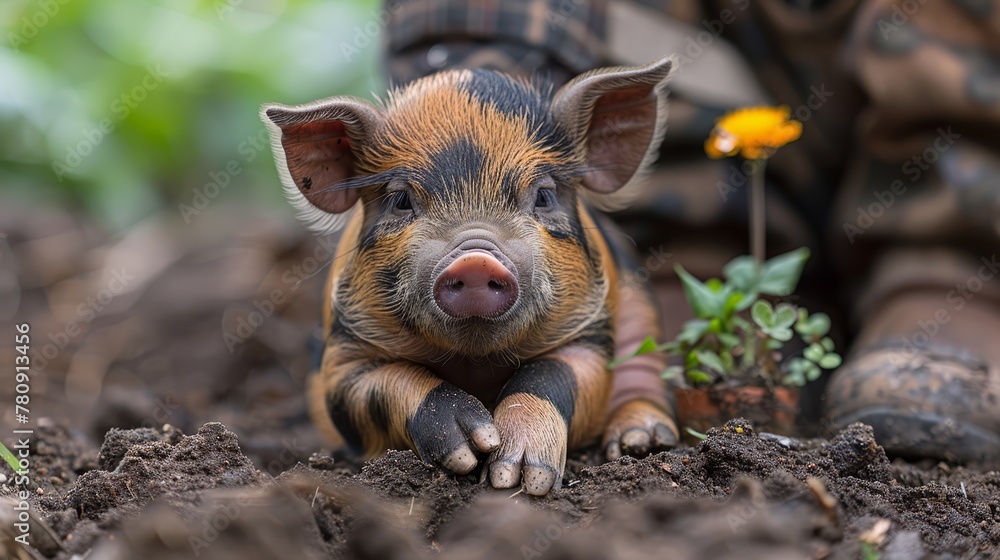A tiny pig perched atop a mound of dirt, near a person's leg A vibrant yellow flower adjacent A tiny pig perched atop a mound of dirt, near a person's leg A vibrant yellow flower adjacent