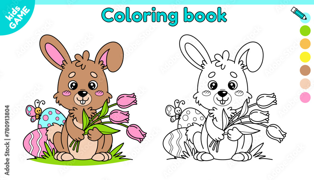 Page of kids Easter coloring book with cartoon rabbit holding tulips in his paws. Happy hare sits on the grass near painted eggs. Color the outline picture. Activity for children. Vector contour. Page of kids Easter coloring book with cartoon rabbit holding tulips in his paws. Happy hare sits on the grass near painted eggs. Color the outline picture. Activity for children. Vector contour.