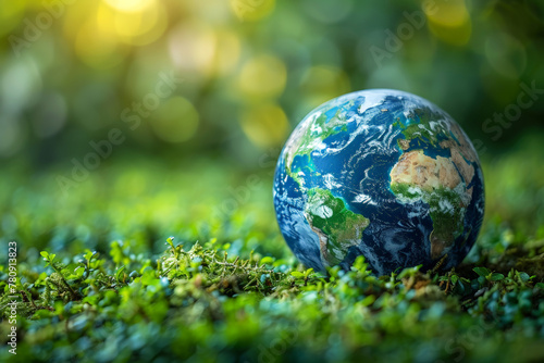 Globe on grass illustrating environmental conservation.