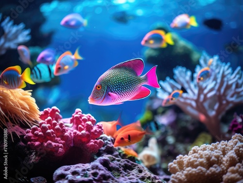 A group of fish swimming in an aquarium. Generative AI. photo