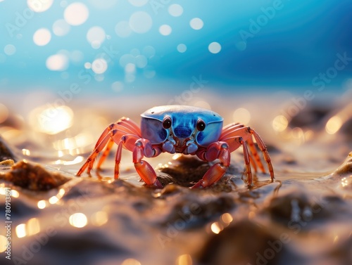A blue crab sitting on top of a sandy beach. Generative AI.
