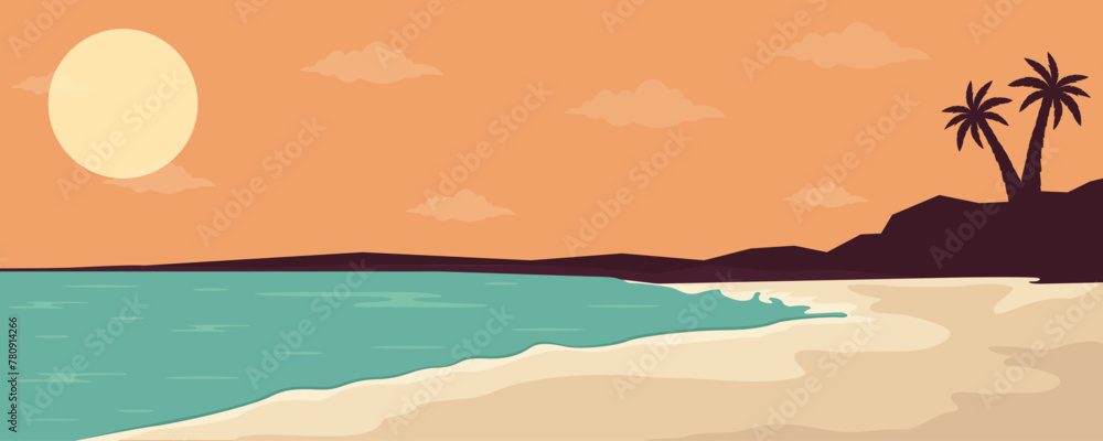Summer tropical background with ocean, beach, and palm trees. Vector illustration