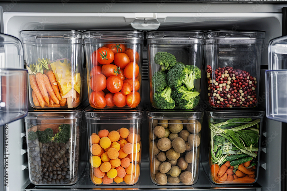 Photo of a modern refrigerator neatly stocked with vegetables, fruits and herbs in special containers, in a minimalist style.