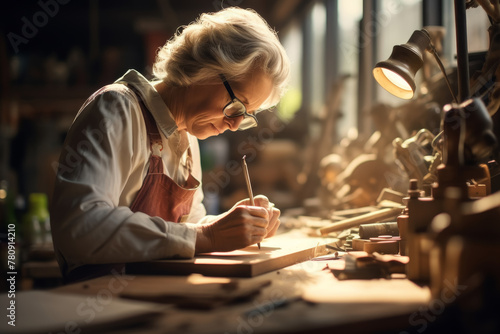 Elderly craftswoman in apron using carving tools on wood in workshop