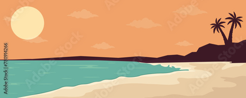 Summer tropical background with ocean  beach  and palm trees. Vector illustration
