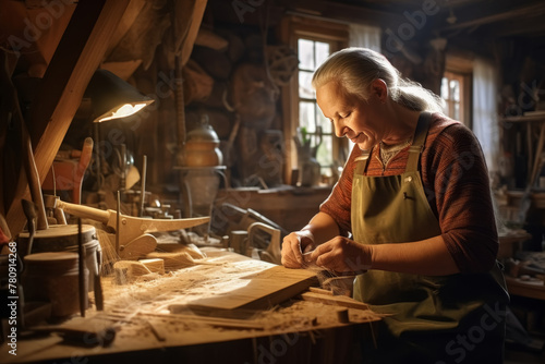 Elderly craftswoman in apron using carving tools on wood in workshop