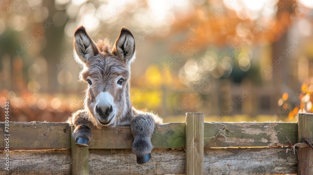   A donkey leans over a wooden fence, gazing beyond it with a curious look towards the camera - obrazy, fototapety, plakaty 