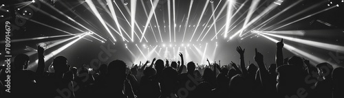 Energetic concert crowd under a canopy of stage lights, lost in the moment and the music
