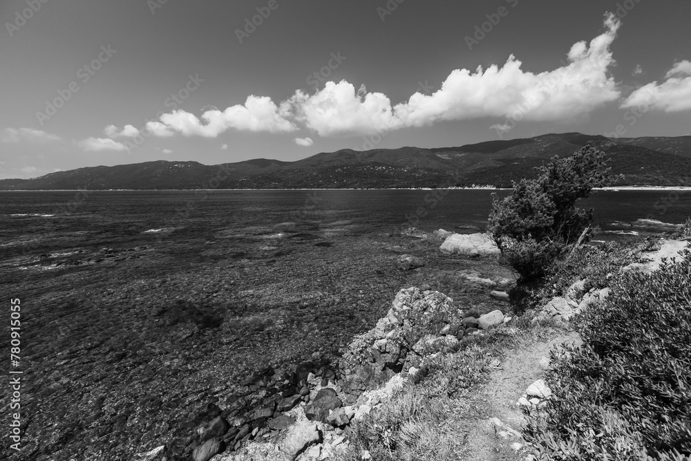 Cupabia beach black and white photo. Coastal landscape of Corsica