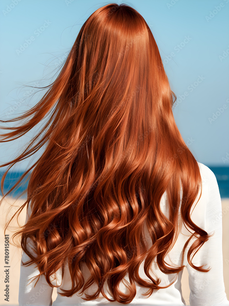 Naklejka premium red-haired girl with long curly flowing hair, advertisment shampoo