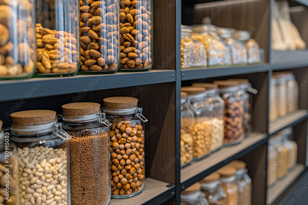 photograph of a modern cabinet full of different nuts that are neatly placed in special jars, space organization concept