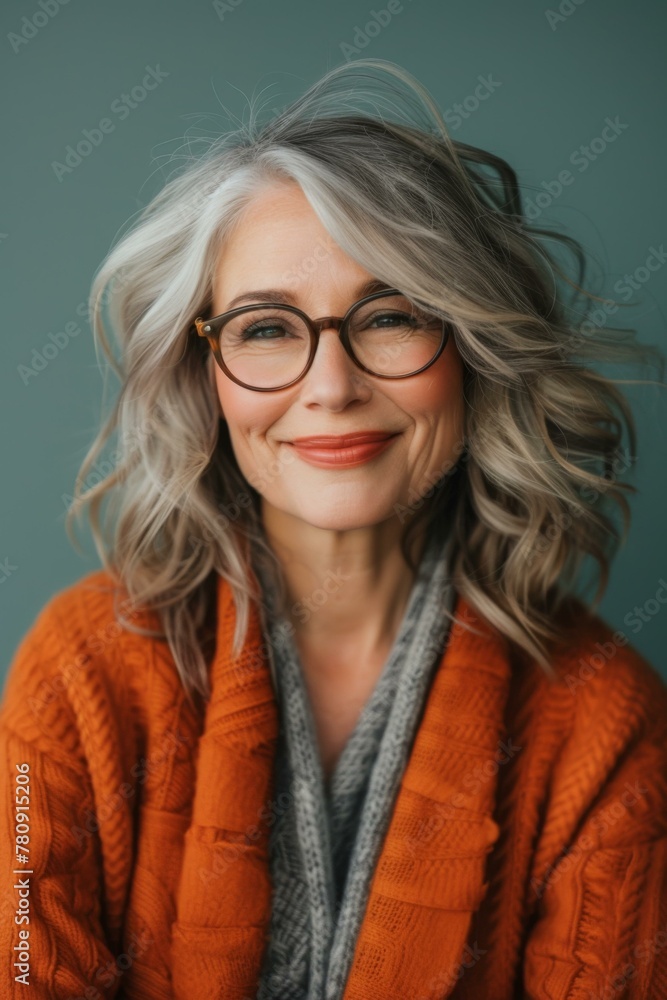 A woman with glasses and an orange sweater. Generative AI. A woman with glasses and an orange sweater. Generative AI.
