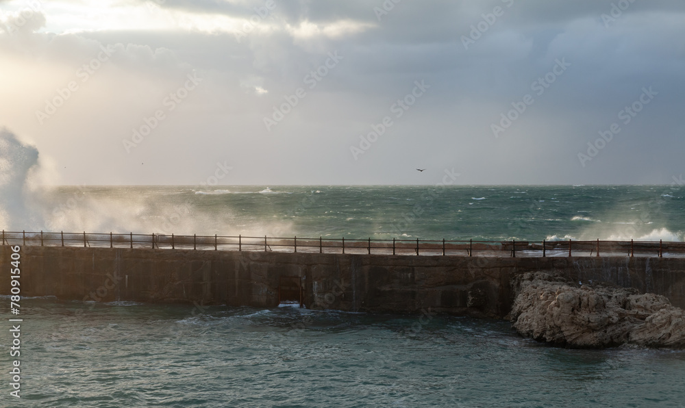 Dramatic coastal landscape with splashing waves on stormy sea