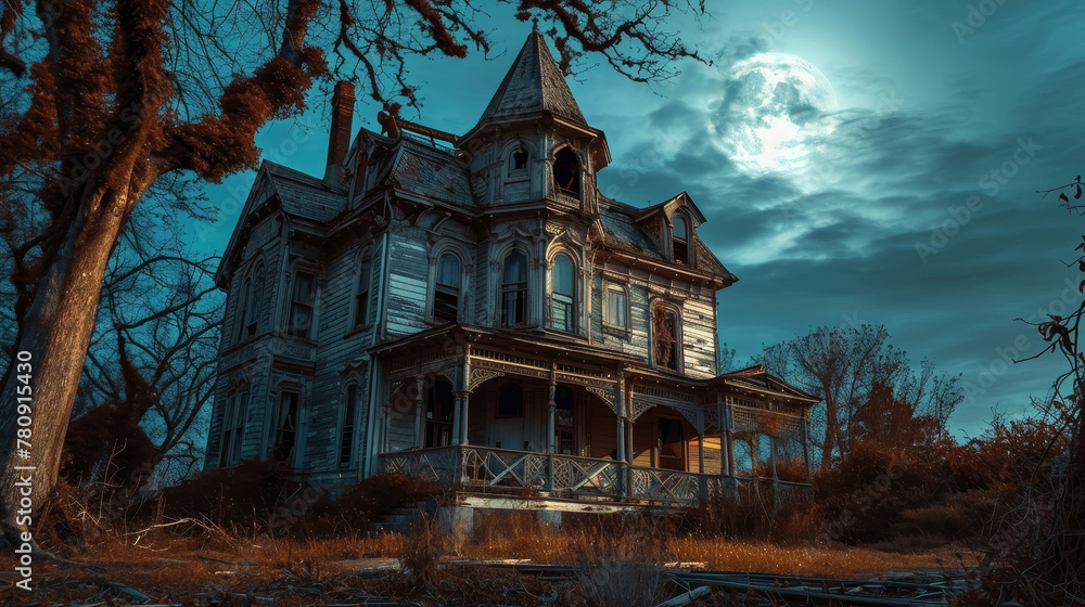 Abandoned house with lit windows under a full moon night.