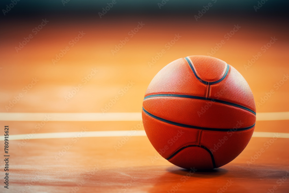 Close-up of basketball ball on glossy wooden court floor Close-up of basketball ball on glossy wooden court floor