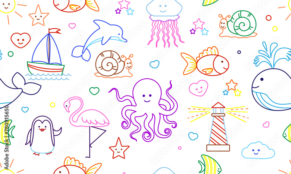 Seamless pattern with cute cartoon designs of sea animals and fish. Vector Seamless pattern with cute cartoon designs of sea animals and fish. Vector