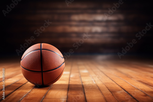 Close-up of basketball ball on glossy wooden court floor