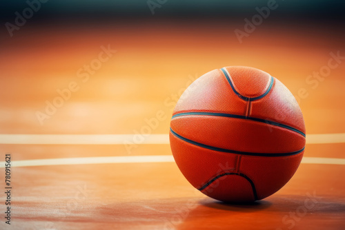 Close-up of basketball ball on glossy wooden court floor © spyrakot