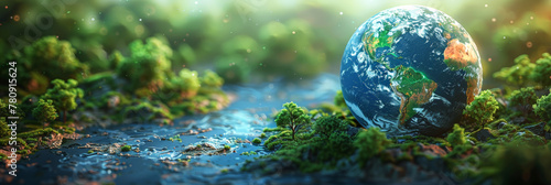 Banner dedicated to Earth Day and environmental protection with a picture of the planet. Volumetric and trendy design.