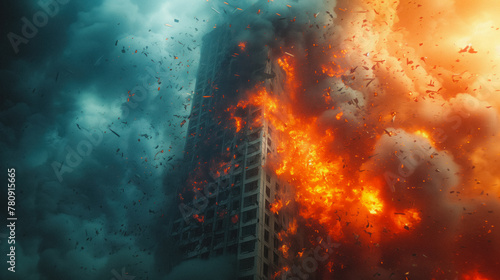 Intense flames ravage a high-rise in a scene of urban destruction.