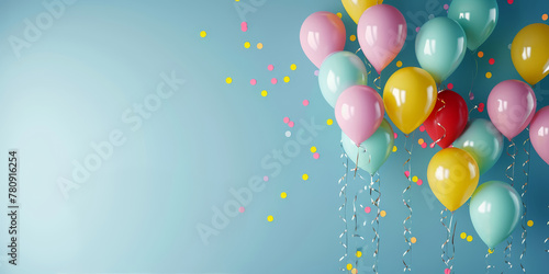 Pastel balloons on light blue background with empty space for text