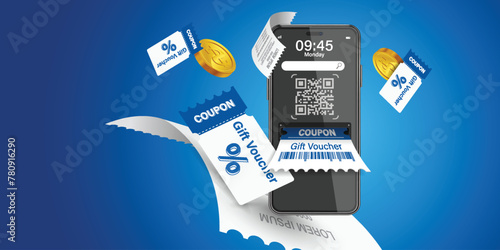 Coupon up to 50% off black rips floating in air with coin. all on  blue background.gift voucher 50% discount on shopping.summer offer ends weekend holiday.Big sale and super sale coupon code discount