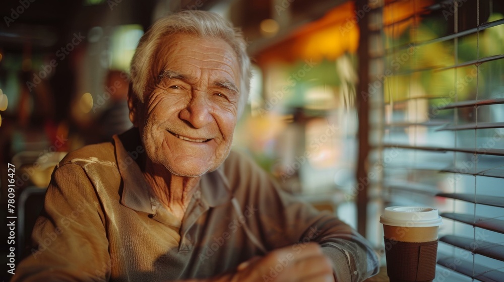 An elderly man sitting at a table with a cup of coffee. Generative AI.