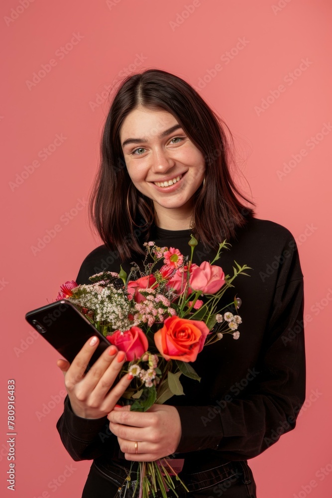 A young woman holding a cell phone and a bouquet of flowers. Generative AI. A young woman holding a cell phone and a bouquet of flowers. Generative AI.