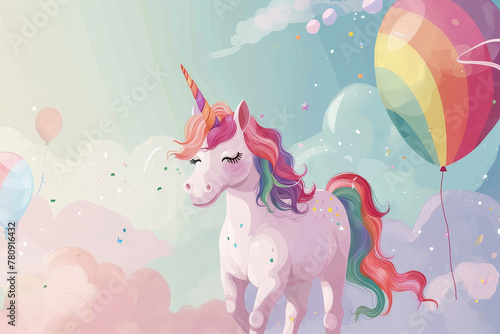 Animated pink unicorn with balloons floating among clouds