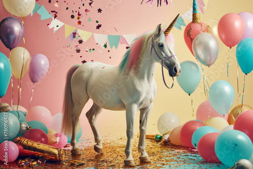 Unicorn with multicolored mane and golden horn among balloons and confetti © spyrakot