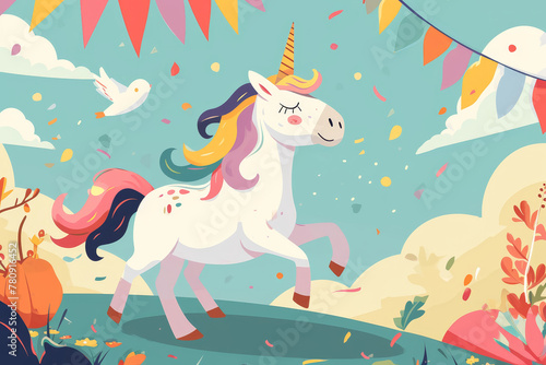 Animated pink unicorn with balloons floating among clouds