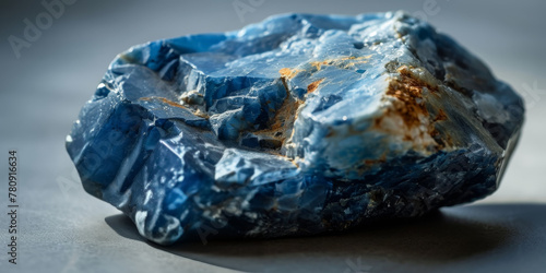 Raw blue crystal mineral stone against a soft grey backdrop