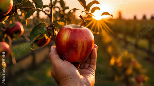 a person's hand holding a ripe, red apple against the backdrop of an orchard, with the sun setting in the background, casting a warm, golden light photo